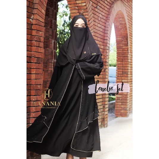 Abaya Camelia/abaya jetblack temboro/gamis bolero hitam/abaya set pasmina