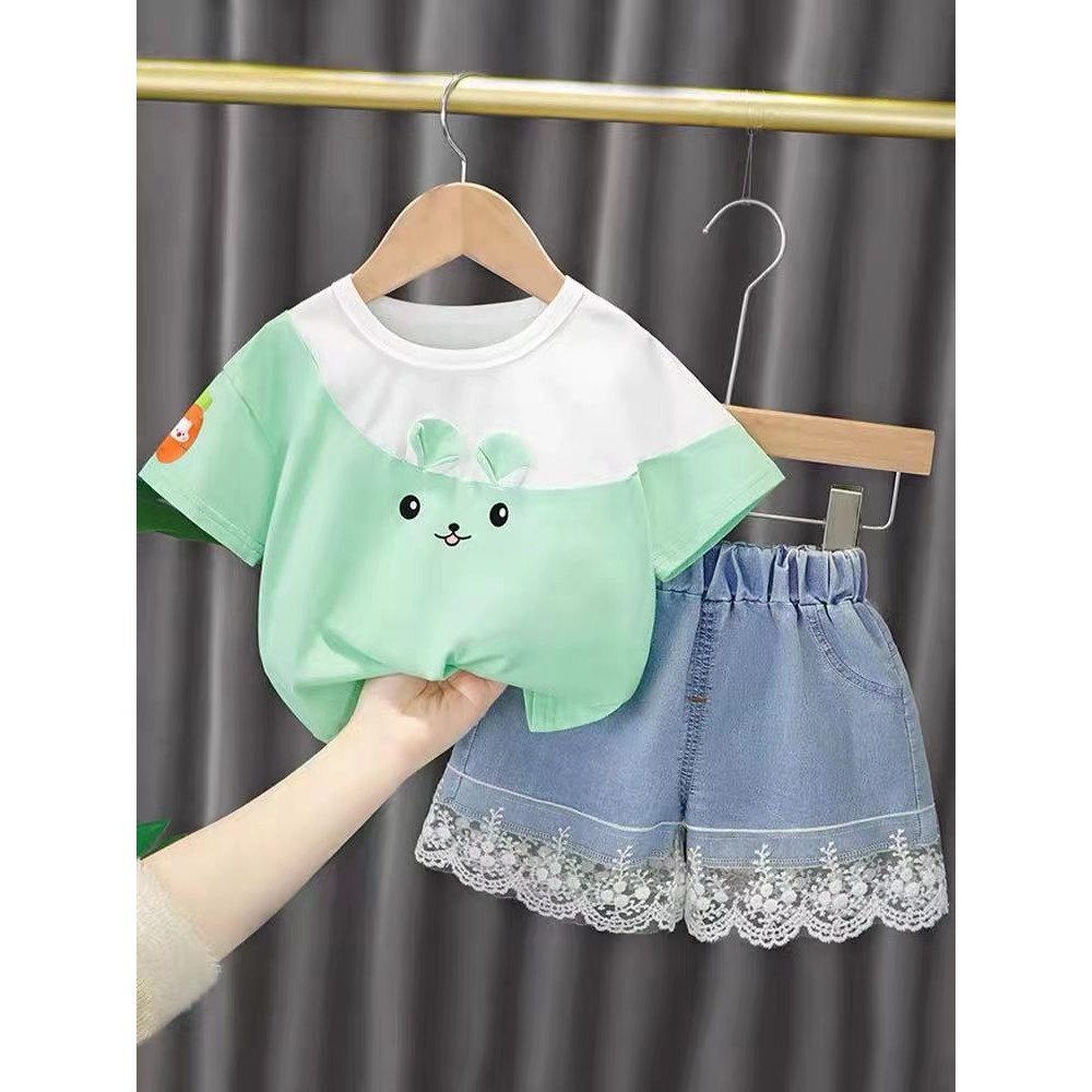 KF Cat Setelan Anak Perempuan Celana Jeans Pendek + Kaos  Lucu Bahan Cotton Import Umur 9bln -3 tahun Sets-Hijau