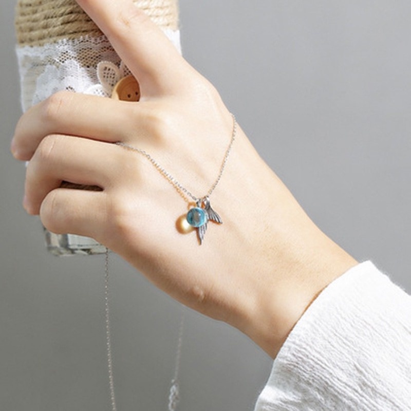 [Ready Stock]Fashion New Aquamarine Stone Man Fish Tail Crystal Pendant Necklace