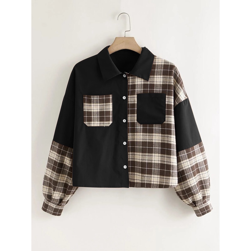 Vallina Audrey Blouse Top Two Tone Shirt Plus Plaid Dual Pocket Button Through Shacket Atasan Muslim Kemeja Wanita Korean Style-4
