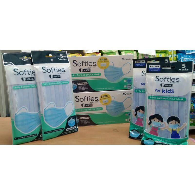 Softies 3 Ply Earlop Daily Mask Box Isi 30 / 5's Dewasa / 5's Kids