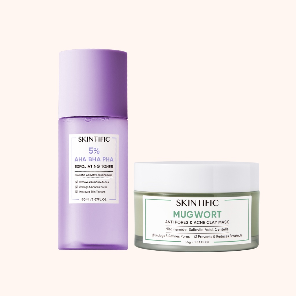 【Skintific Outlet Official】SKINTIFIC Mugwort Anti Pores &amp; Acne Clay Mask Pore Clarifying Wask Off Pack 55G Masker Wajah &amp; 5% Aha Bha Pha Exfoliating Toner 【BPOM】