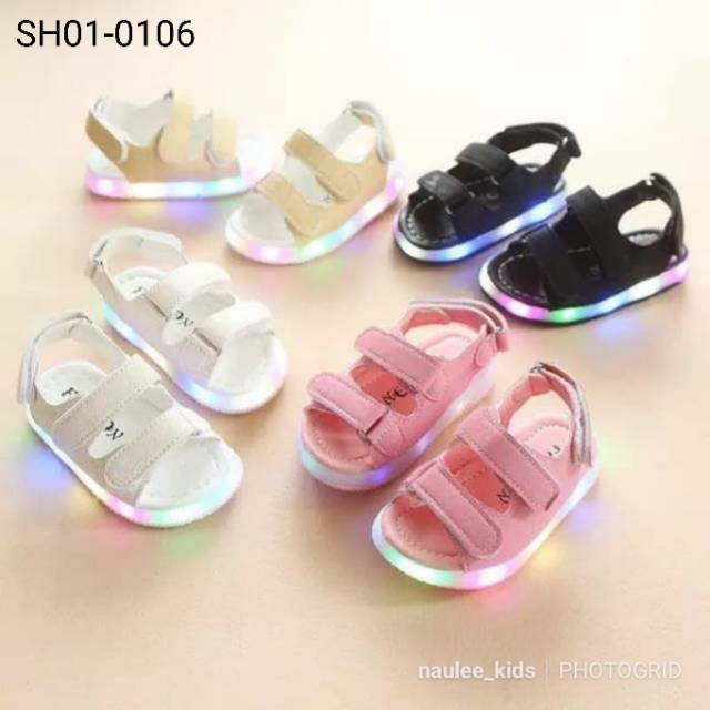 21-30 Sandal Shoes Led Fashion Tanggo Strap Beige Black White Pink Sepatu Sendal Lampu Anak Unisex C