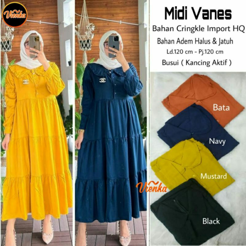 [BISA COD]Midi dress ruffle susun vanes crinkle import jumbo ld 120 ld 140
