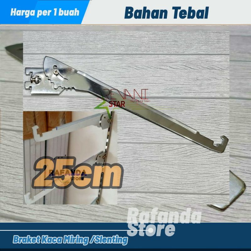 Braket kaca miring 25cm daun ambalan kaca slenting rak display sandal sepatu rak dinding stainless