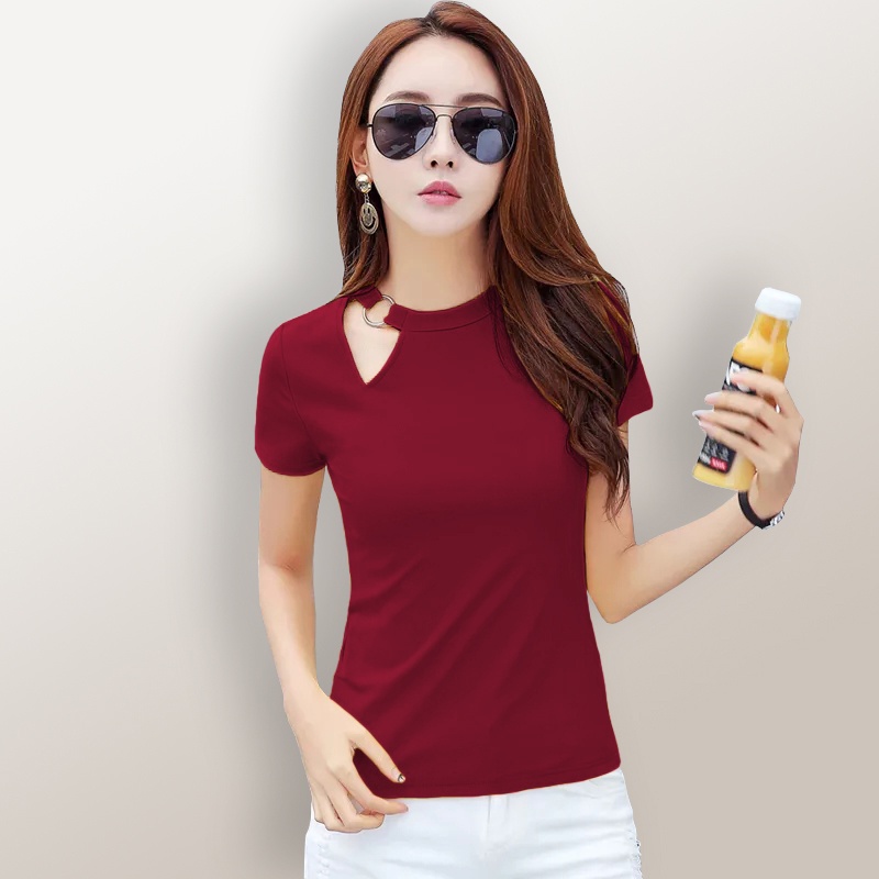 Kaos Lengan pendek wanita Gaya Korea variasi Ring di leher - XSHOP Omila