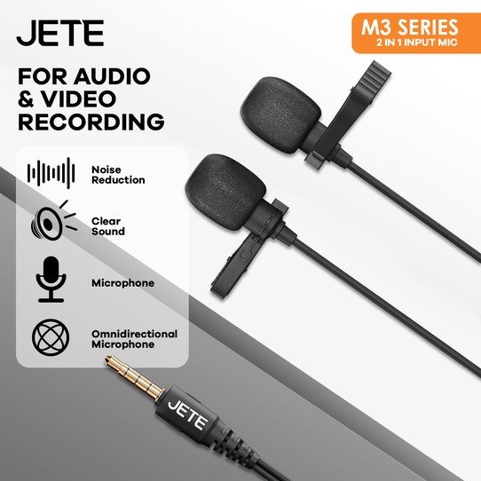 Mic Clip On  - Vlogger Clipon Audio &amp; Recording - Vlog Audio Jack 3.5mm - Noice Reduction JETE M3 2 in 1 Microphone Garansi Resmi 2 tahun