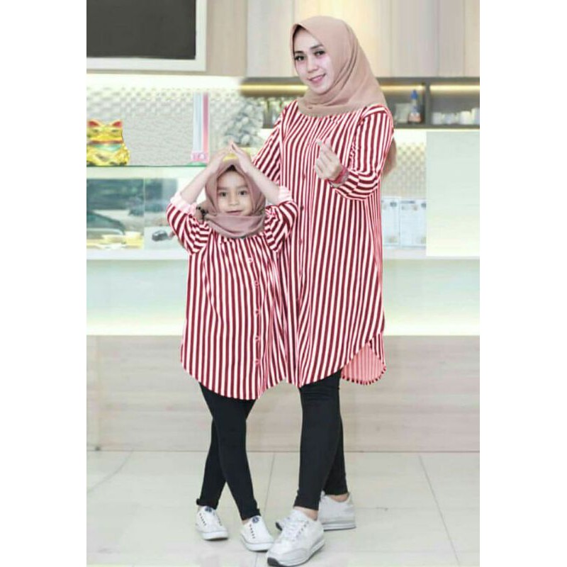 Tunik Salur / Baju couple ibu anak baju tunik katun salur stripe tunik wanita set anak merah hitam