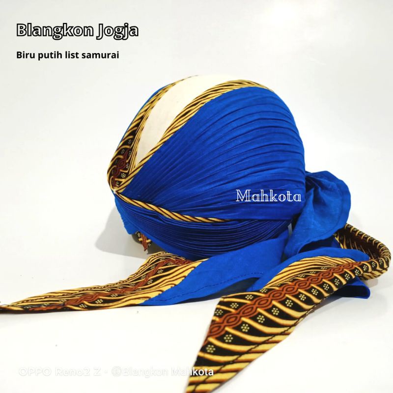 Blangkon Jogja lipat sliwir alusan biru putih lis samurai