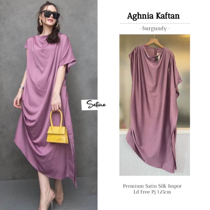 Aghnia Kaftan Polos Ungu Hitam Satin Silk Import Halus Ld 130 Jumbo Fit XXXL Best Quality By Satine