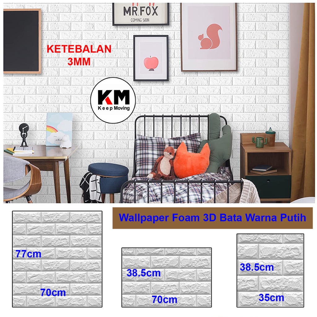 KM Wallpaper Foam 3D Bata Warna Putih Premium Wall Paper Sticker Wallpaper Foam Bata Stiker