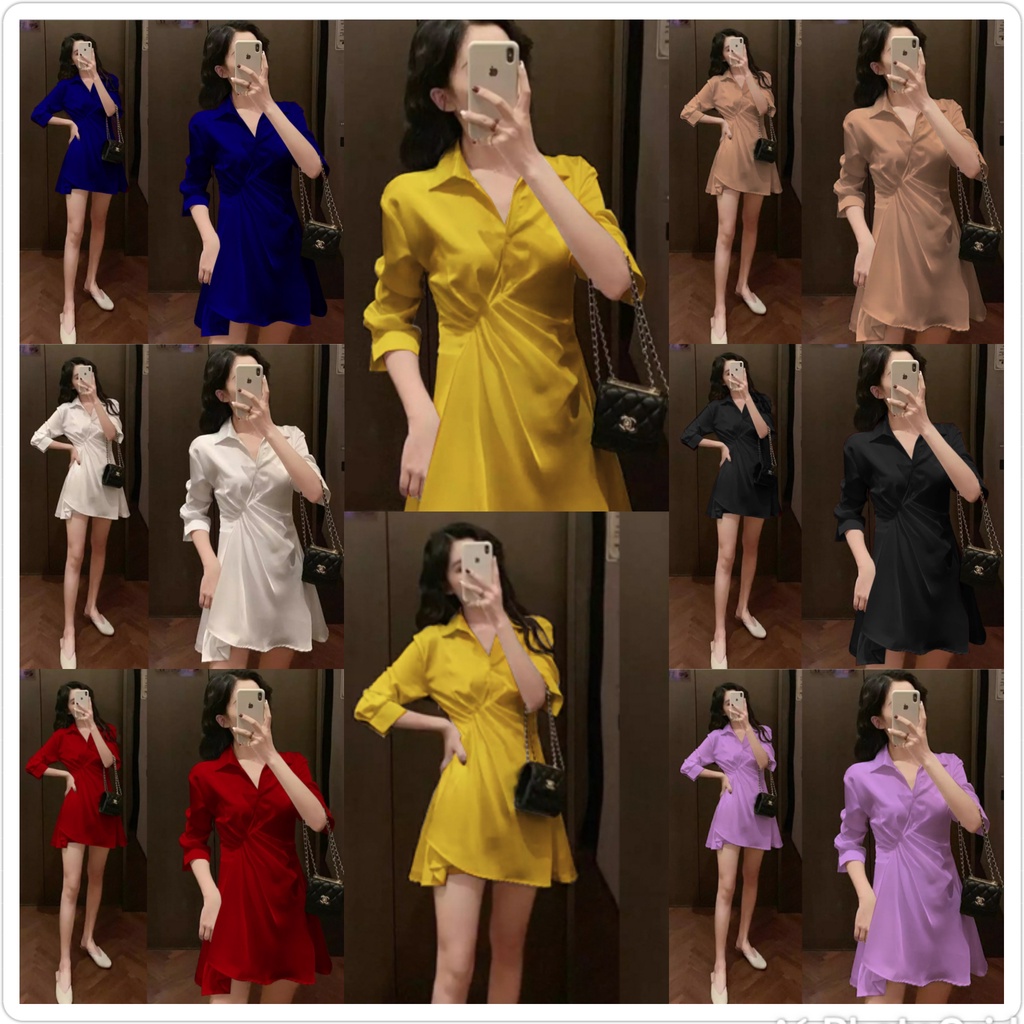 Mini dress Korea / Dress pendek lengan panjang/ sandia / dress semi kemeja / dress putih hitam lilac