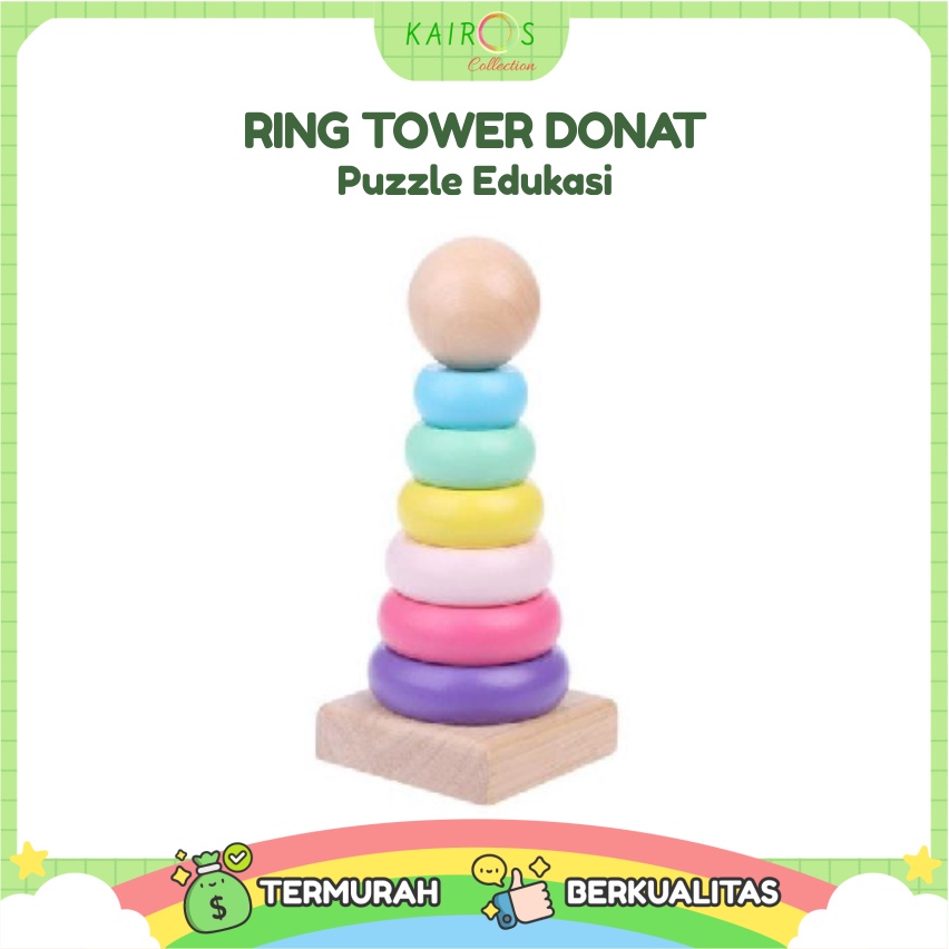 Mainan Anak Ring Donat Kayu Puzzle Kayu Rainbow Tower Menara Pelangi