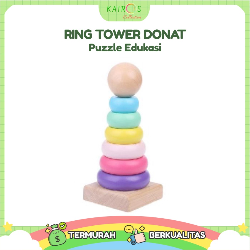 Mainan Anak Ring Donat Kayu Puzzle Kayu Rainbow Tower Menara Pelangi