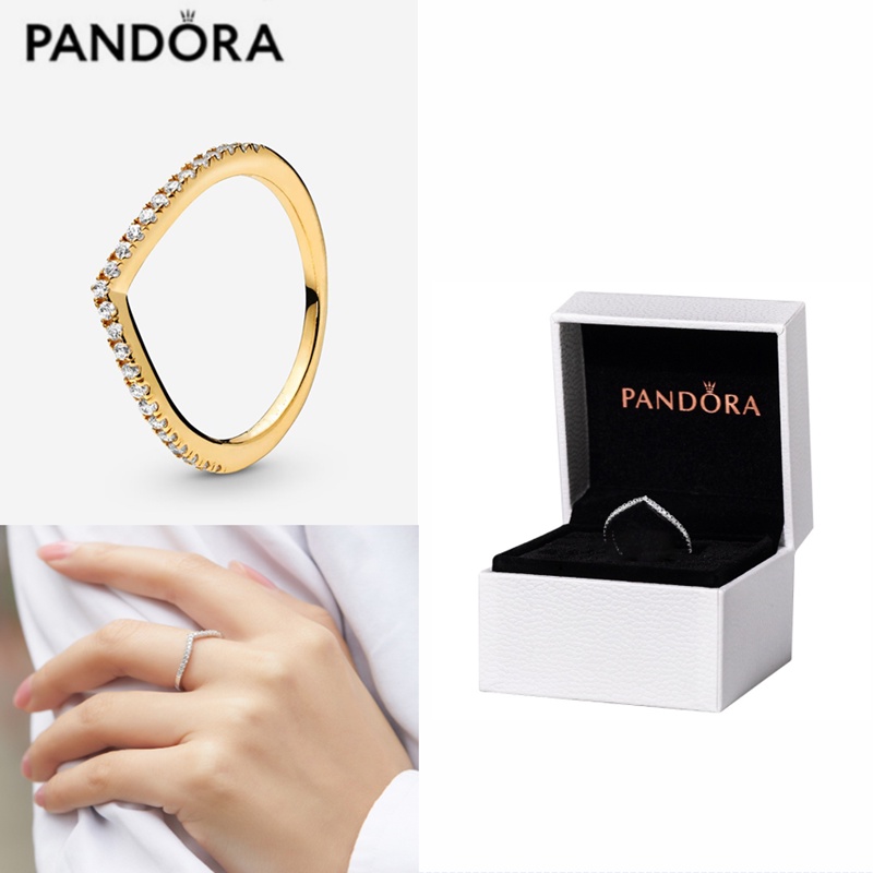 Pandora Cincin Sterling Silver 925 Lapis Emas 18K Bentuk V Hias Cubic Zirconia Untuk Wanita