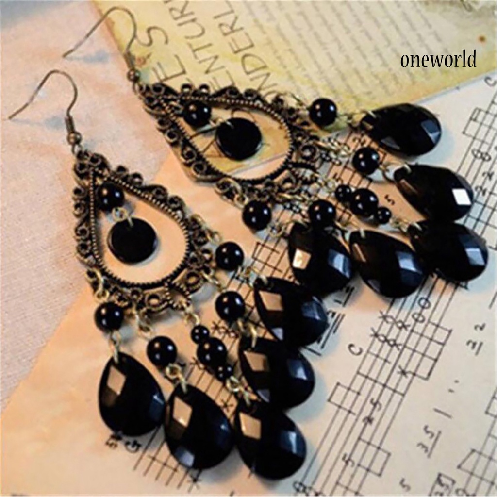 OW@ 1 Pair Hoop Earrings Exquisite Bright Hollow Pendant Water Drop Beads Earrings for Daily Life