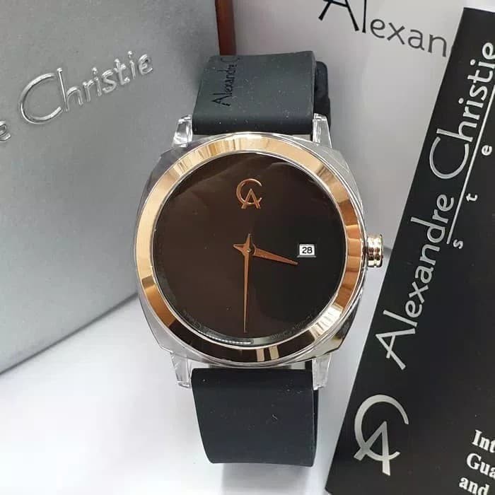 JAM TANGAN WANITA ALEXANDRE CHRISTIE AC 2763 ROSEGOLD BLACK RUBBER BLACK ORIGINAL GARANSI 1 TAHUN