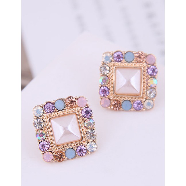 LRC Anting Tusuk Fashion Gold 925 Silver Needle Metal Flash Drill Geometric Square Earrings A58793