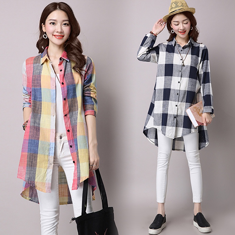 Wanita Mode Musim Gugur Lengan Panjang Warna-warni Kotak-kotak Kemeja Blouse