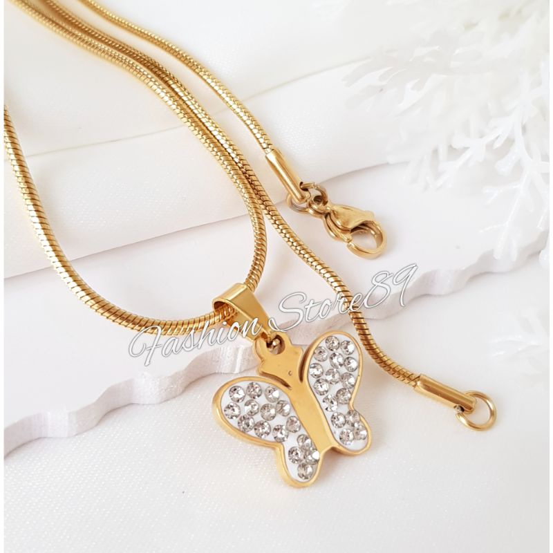 Ready kalung import Buterfly lapis permata putih Titanium Gold white Antikarat Anti Air selamanya Kalung Kupu-kupu Titanium LTNx