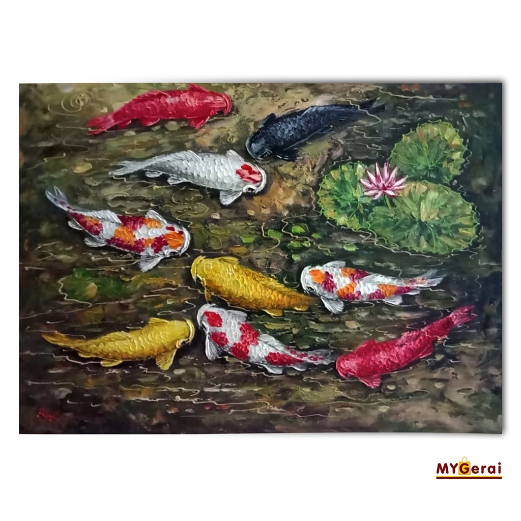 Lukisan Sembilan Ikan Koi Tekstur Timbul