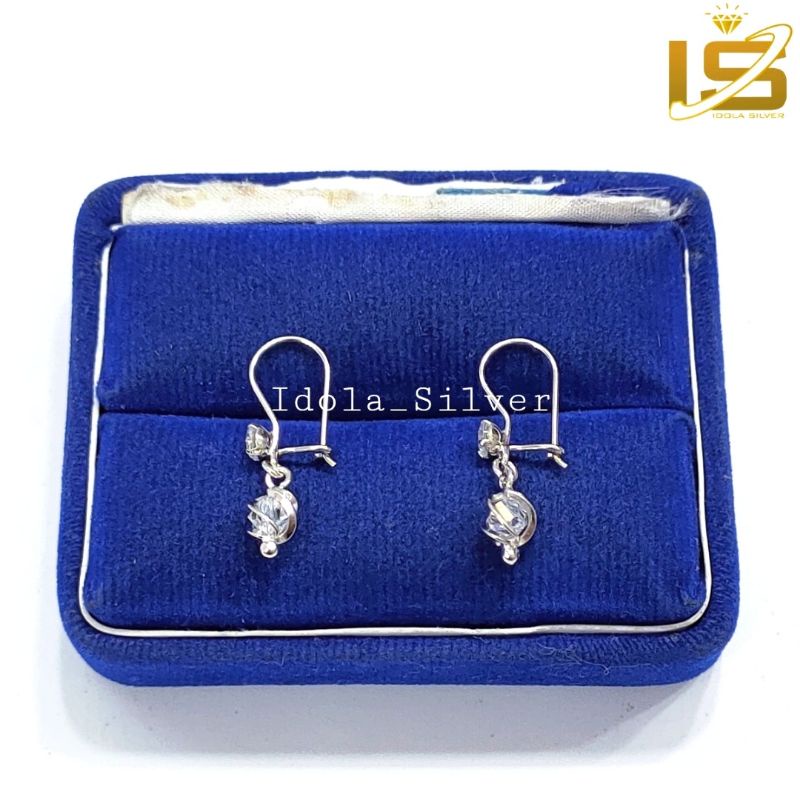 ANTING PERAK ASLI SILVER 925 LAPIS EMAS PUTIH MODEL AGOGO KRISTAL SANGKAR - PERHIASAN PERAK ASLI