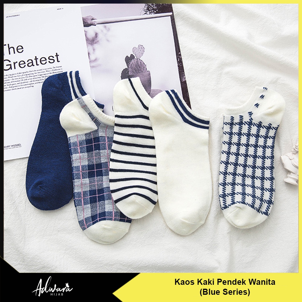 Kaos Kaki Pendek Wanita Semata Kaki Gaya Korea Motif Kotak Garis Biru Series (Sock Ankle Import)