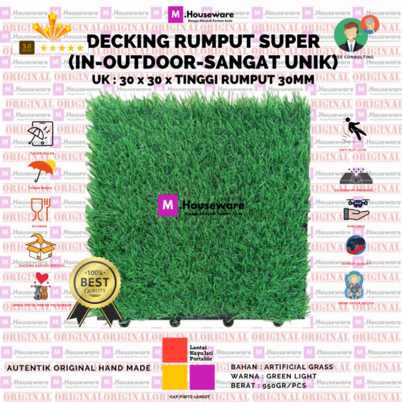 Lantai rumput sintetis ukuran 30x30 cm tipe swiss 30mm Decking tile Portable Rumput
