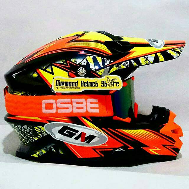 Paket Helm cross GM Supercross Flash Orange Fluo Black Goggle Osbe Red Fluo Iridium Lens