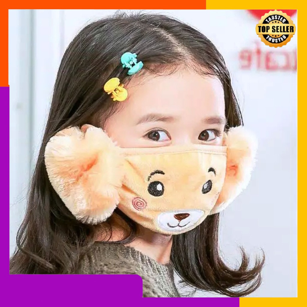 (READY) Masker anak 2 In 1 Mask Mouth Kpop Bear Protective Mask Masker Dust-proof Warm Face Ear Cott