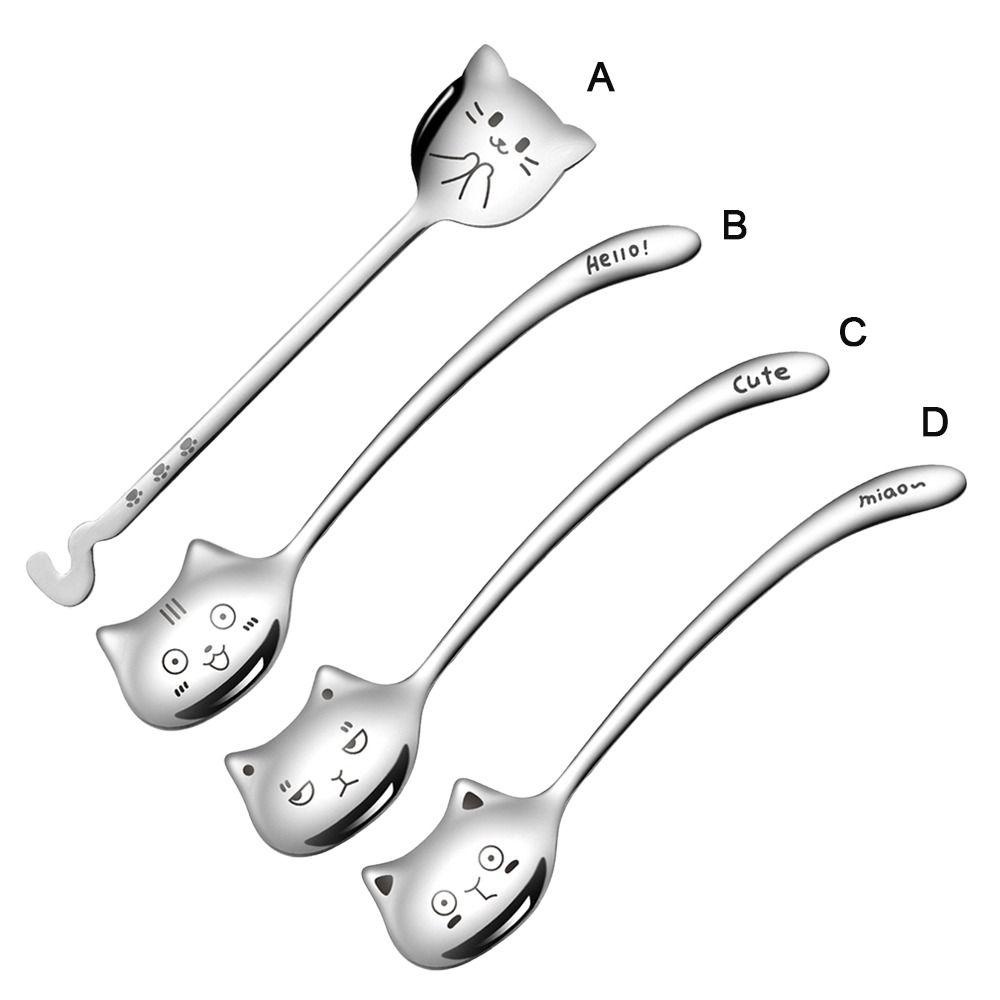 Solighter 2Pcs Dessert Spoon Kucing Lucu Stainless Steel Sendok Teh Kreatif Spoon