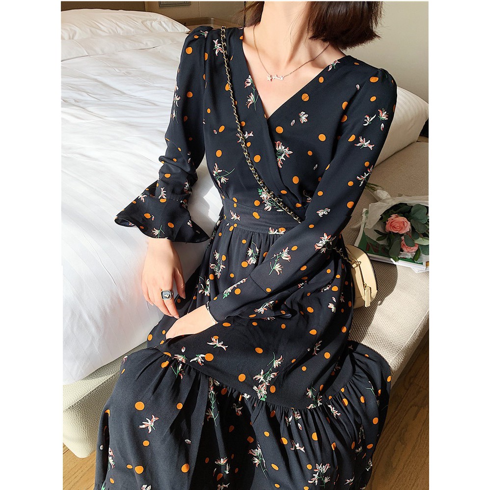 Maxi Dress FLORAL TIER import BUNGA HITAM OREN BULAT baju gamis import ala korea 1157