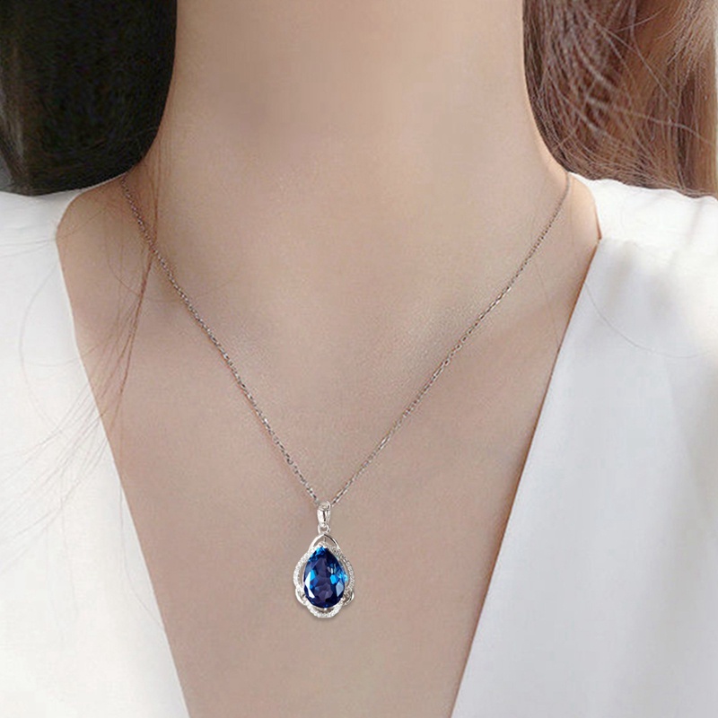 Kalung Liontin Water Drop Cubic Zirconia Biru Untuk Wanita