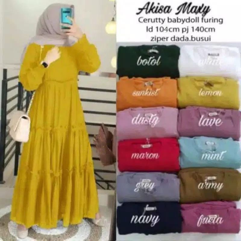 Baju Gamis Akisa Maxy Dress Bahan Ceruty Baby Doll Full + Lapis Dalam Puring Hyget Super