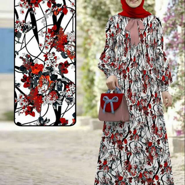 Gamis katun motip akar merah