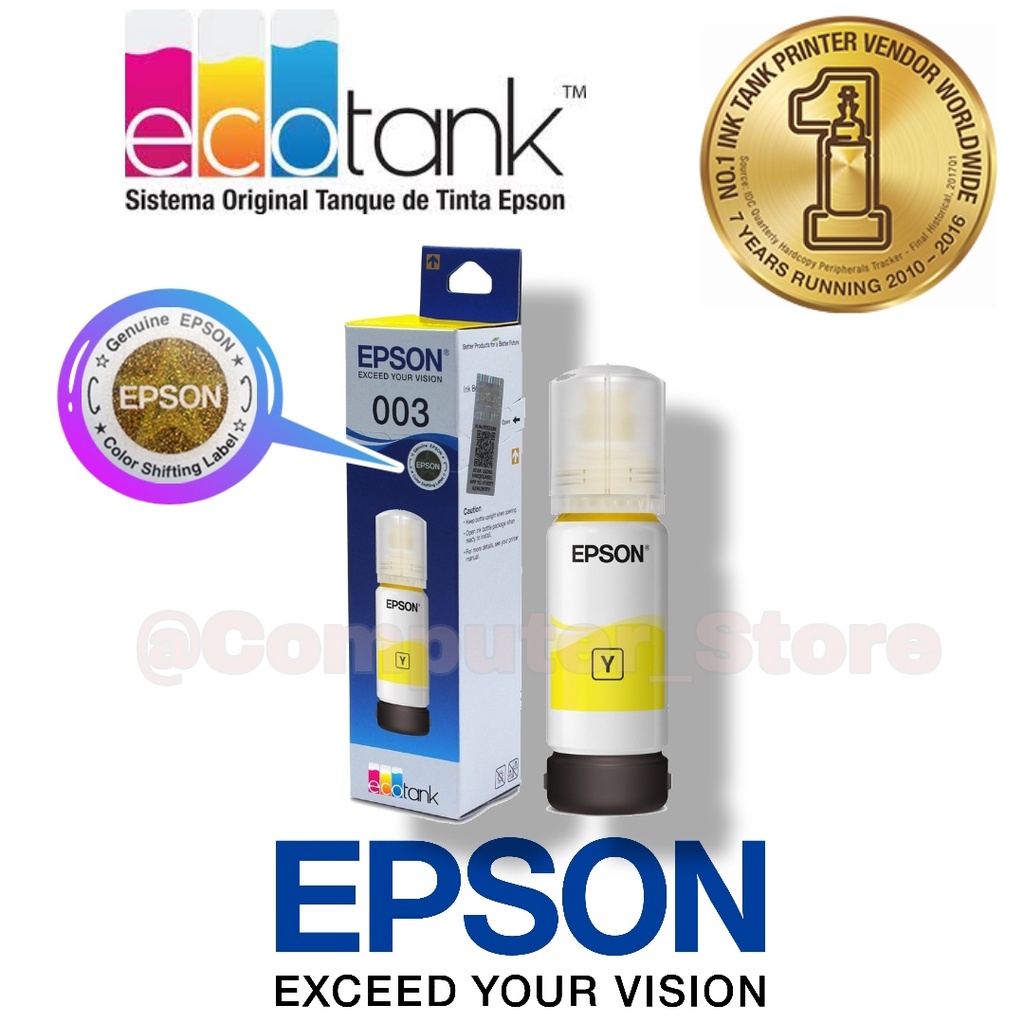 Epson Ink Bottles 003 Black Colour ( Cyan, Magenta, Yellow ) | Tinta Botol Printer Hitam Dan Warna Untuk Printer Epson Seri L3110, L1110, L1200, L3200, L5100, L3150, L5190, L3156, L3116 ( Hitam Biru Merah Kuning ) Geniune Origianl Bisa Scan Barcode