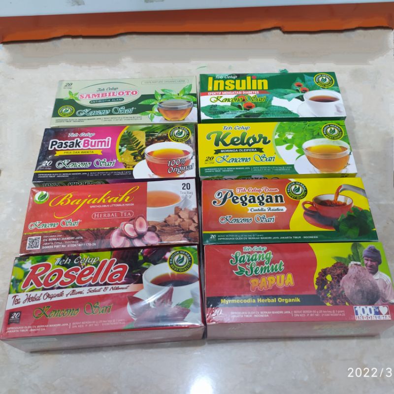 

TEH CELUP KENCONO SARI SAMBILOTO/BAJAKAH/INSULIN/PASAKBUMI/KELOR/SARANG SEMUT PAPUA/ROSELLA/ PEGAGAN/SAMBILOTO ISI 20 PCS