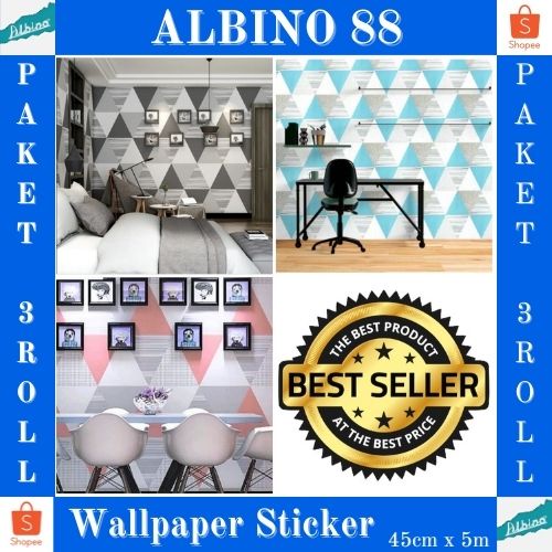 COD - PAKET 3ROLL WALLPAPER STICKER TERMURAH (BUY 2 GET 1 FREE ) PVC PREMIUM QUALITY MOTIF SEGITIGA