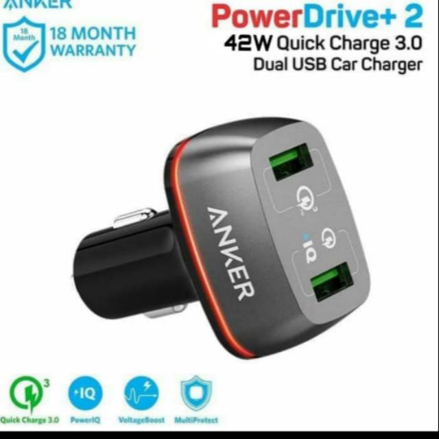 Car Charger Mobil Anker Power Drive+ 2 USB. Car Charger 42W Quick Charge 3.0 A2221H11 - Hitam
