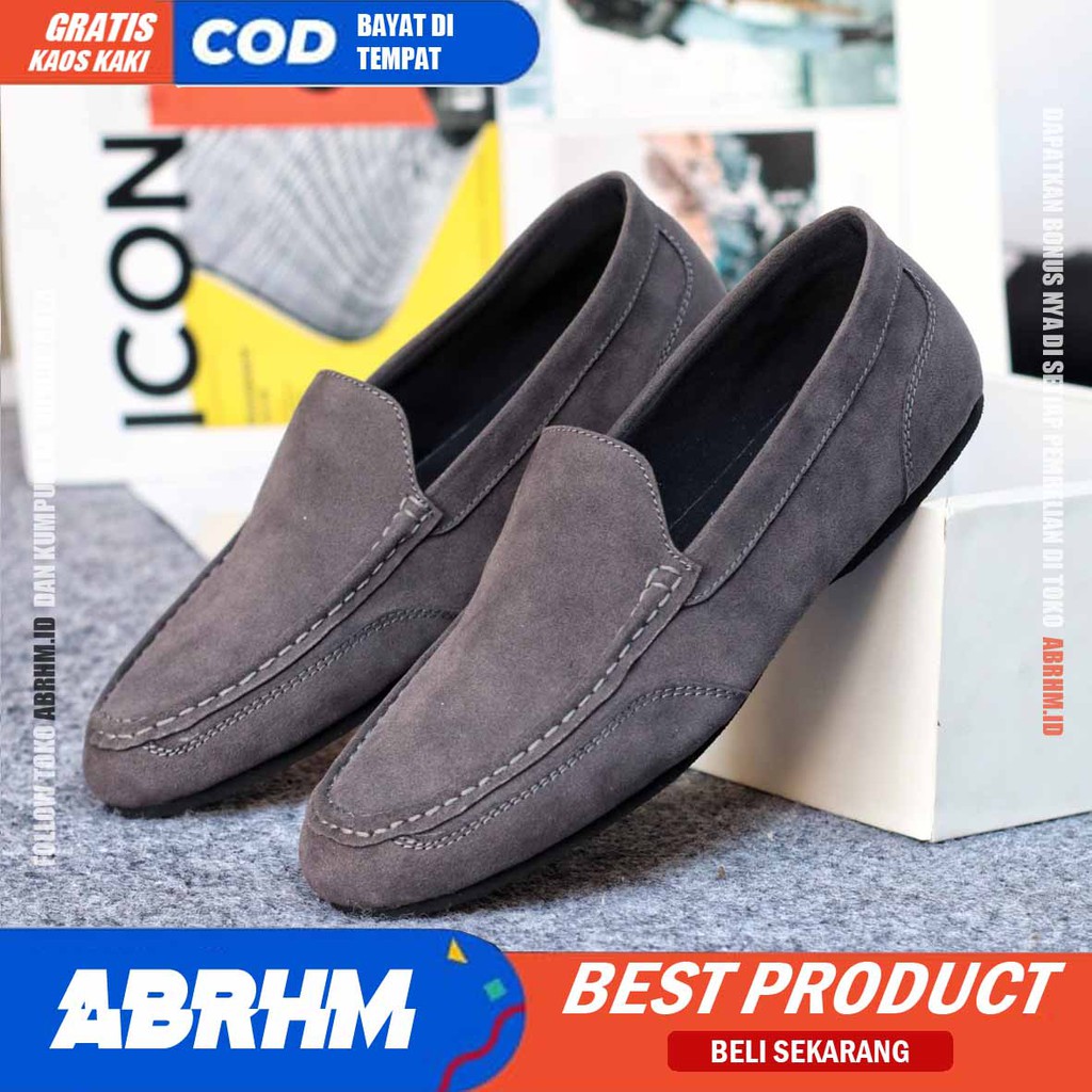 ABRHM x MODNEK Sepatu Slip On Pria Kulit Suede Sintetic Sepatu Pria Casual Pantofel