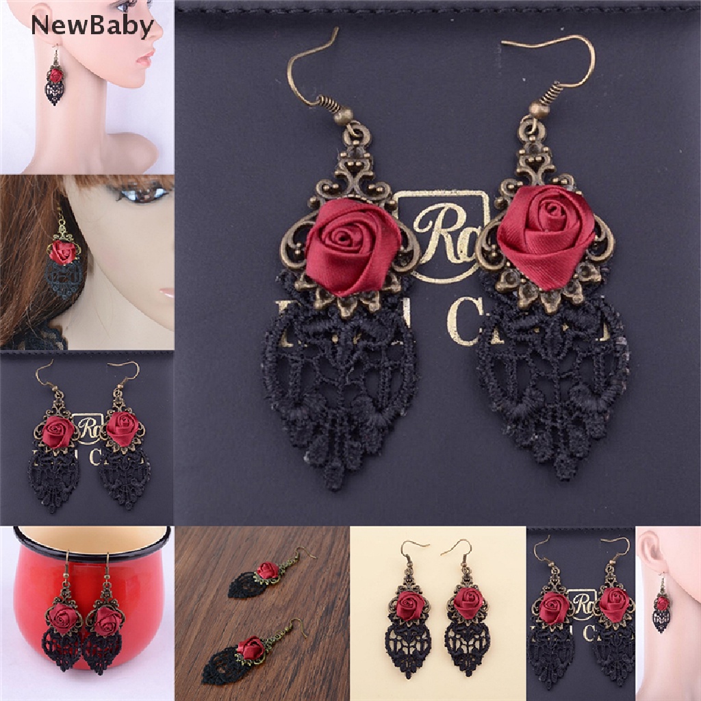 Newbaby 1pc Anting Gantung Panjang Kait Gaya Gothic Victoria Retro Vintage Aksen Lace Untuk Wanita