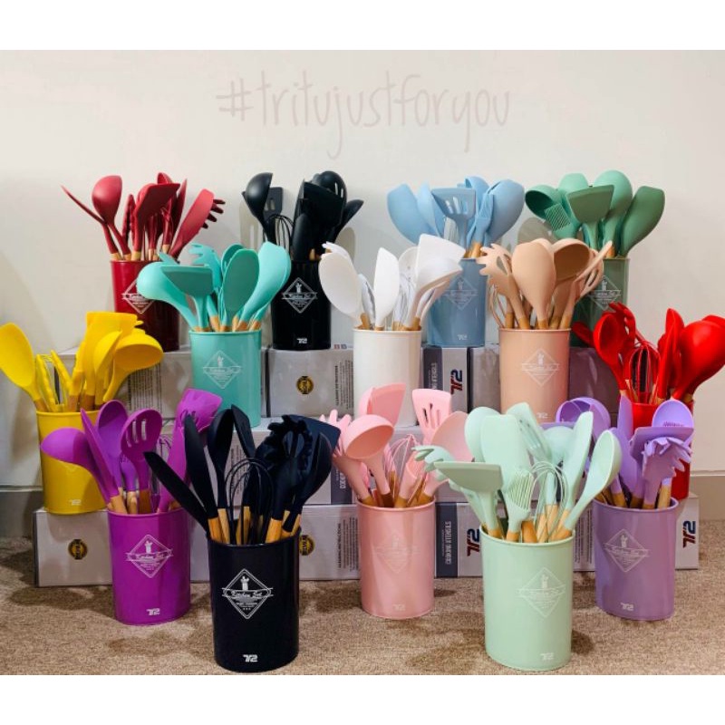 SPATULA SILIKON TEBAL/ SUTIL BY TRITU 12PCS SILLICONE UTENSIL KITCHEN SET WARNA PASTEL / ALAT MASAK 