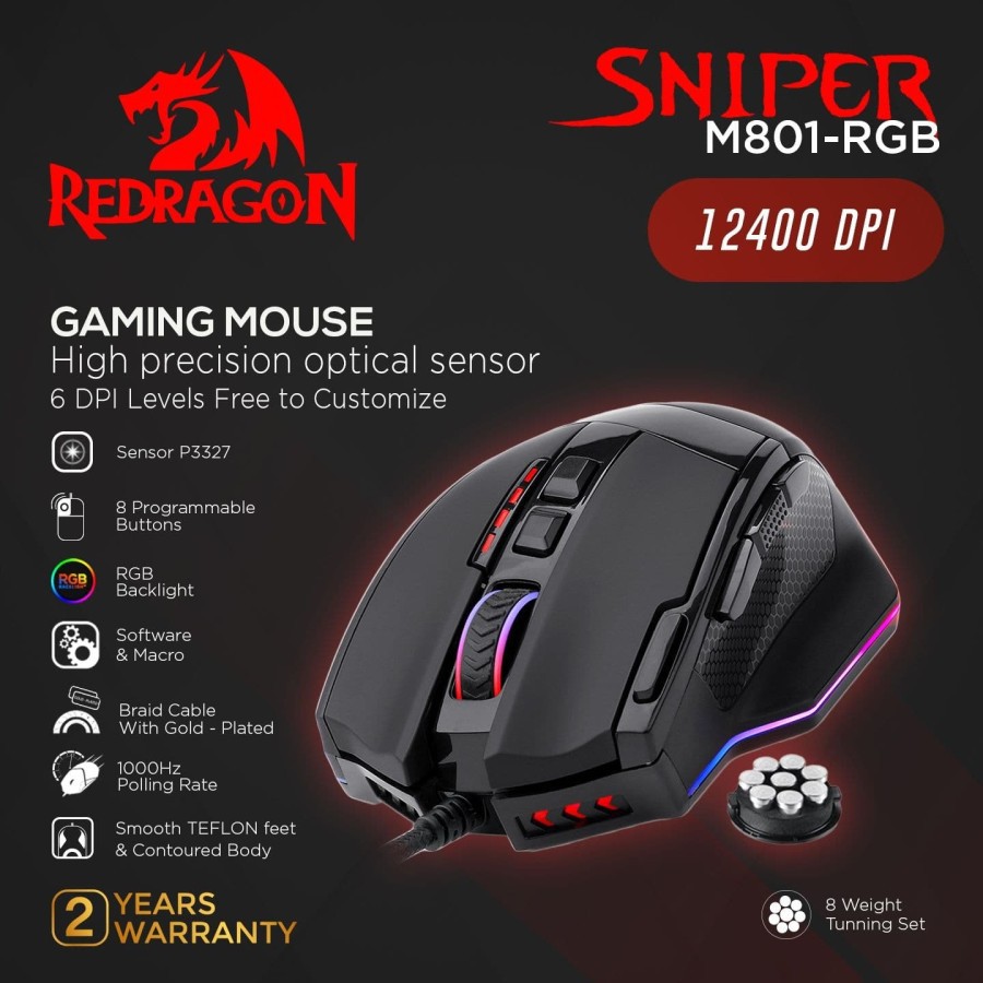 Redragon Mouse Gaming Macro USB Wired Sniper RGB M801-RGB