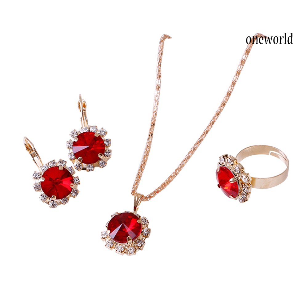 OW@ Fashion Women Circle Rhinestone Necklace Earrings Ring Pendants Jewelry Set