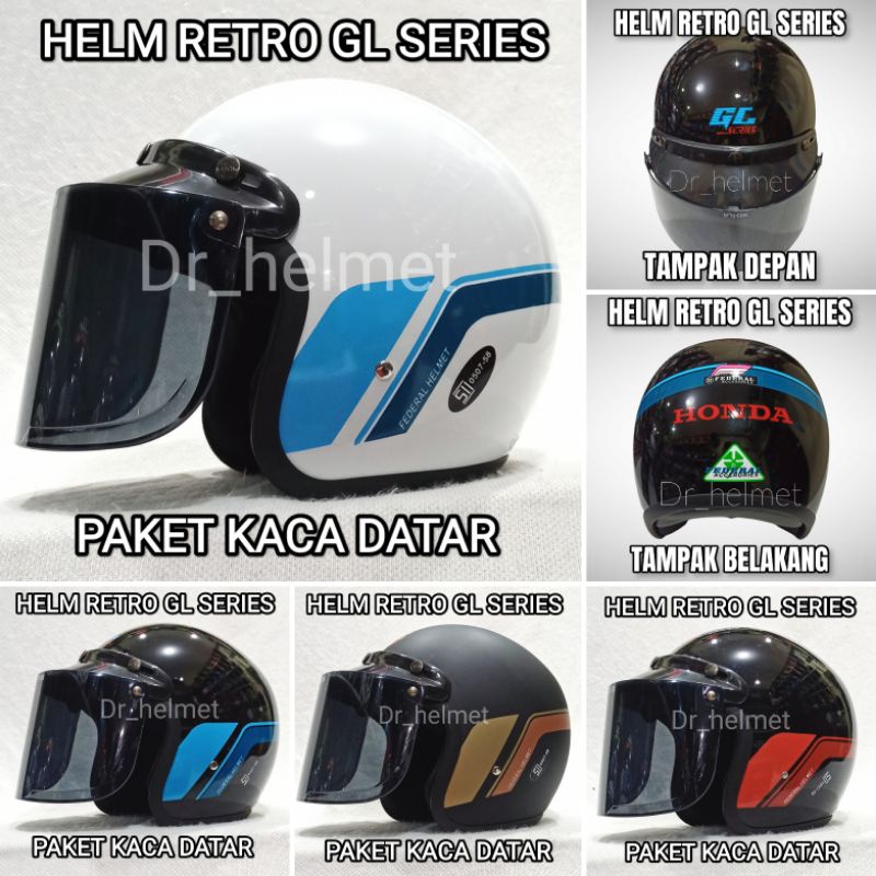 helm retro clasik tipe half face - GL series paket pet kaca datar kaca cembung all size