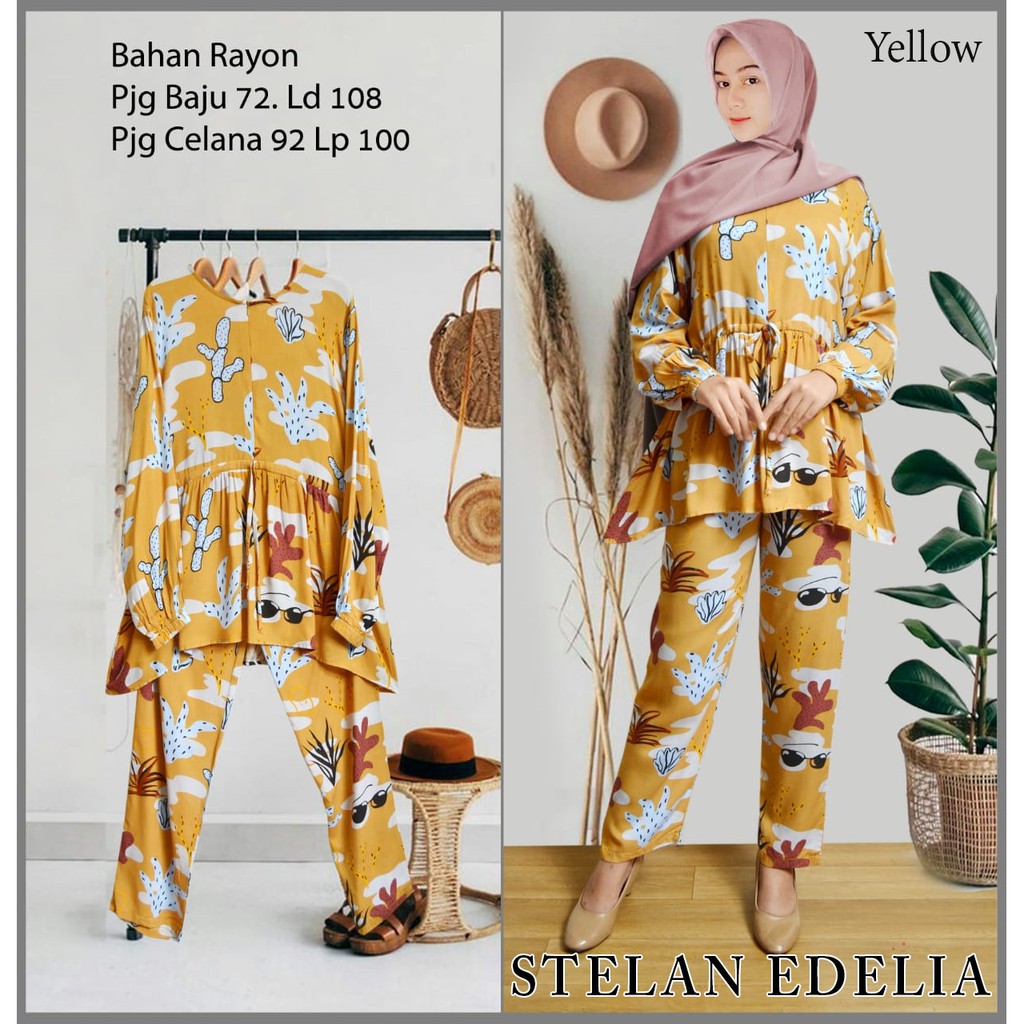 Arnis Edelia Stelan Gamis Rayon Motif Pantai Busui Wudhu Friendly Celana Panjang Maxi Dress COD