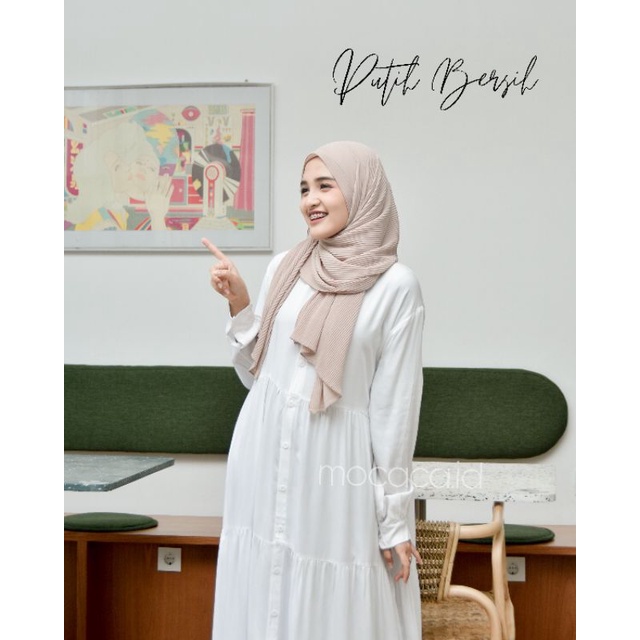 Dress Polos Putih bersih katun rayon twill model rufle babydoll susun ootd hijab busui kancing