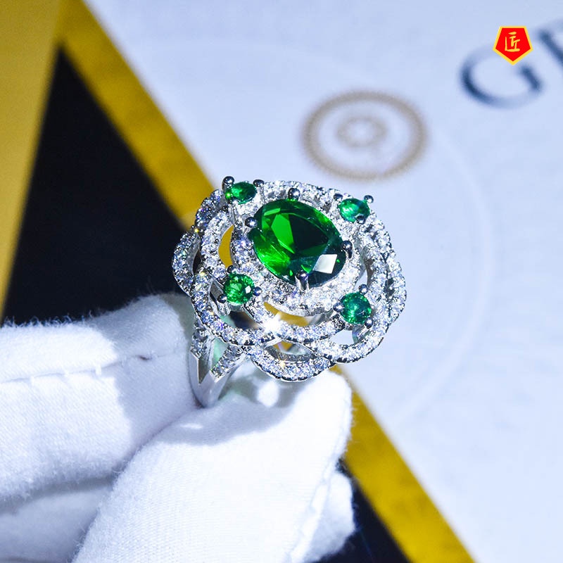 [Ready Stock]Luxury Elegant Micro-Inlaid Diamond Natural Emerald Ring