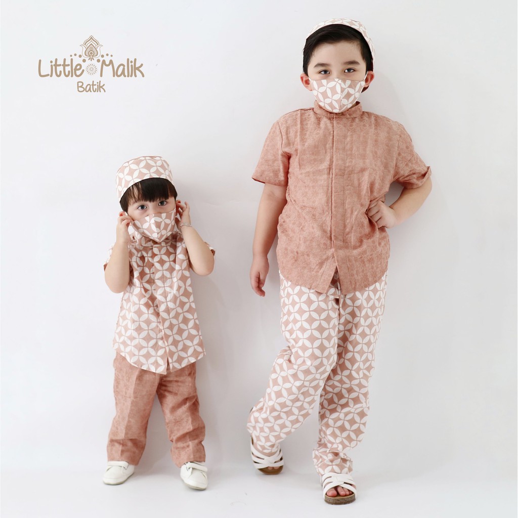 Setelan Kemeja Lengan Pendek Batik Koko Anak By Little Malik Batik, Garutan Dobby Coklat Cream