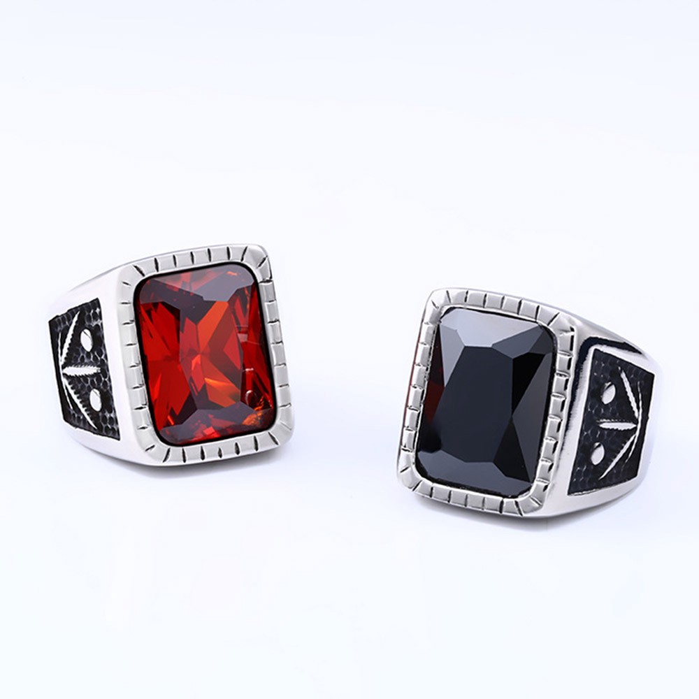 Cincin Baja Titanium Perak Batu Permata Merah Hitam Rubi Kristal Daun Maple Pria Wanita Punk Fashion Perhiasan Men Rings